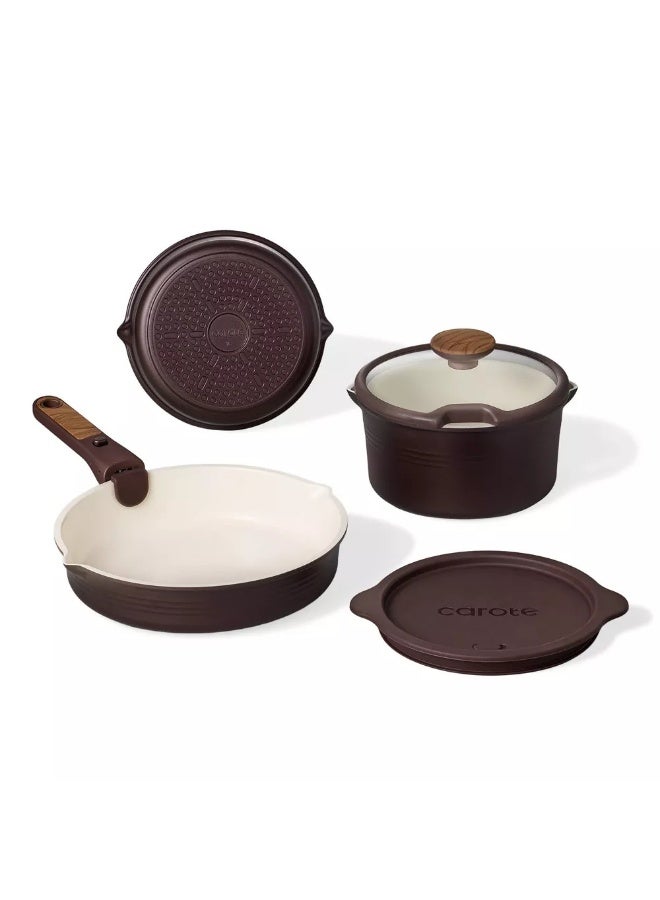 Carote 10-Piece Ceramic Nonstick Cookware Set with Detachable Handle, PFAS-Free Healthy Cooking Pots & Pans, Stackable Design with Pour Spouts, All-Stovetop Compatible, Dishwasher Safe (Chocolate) - Image 3